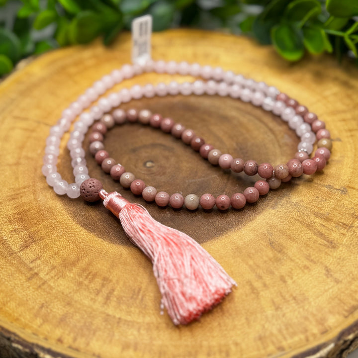Rose Quartz & Rhodonite Mala Bead Necklace