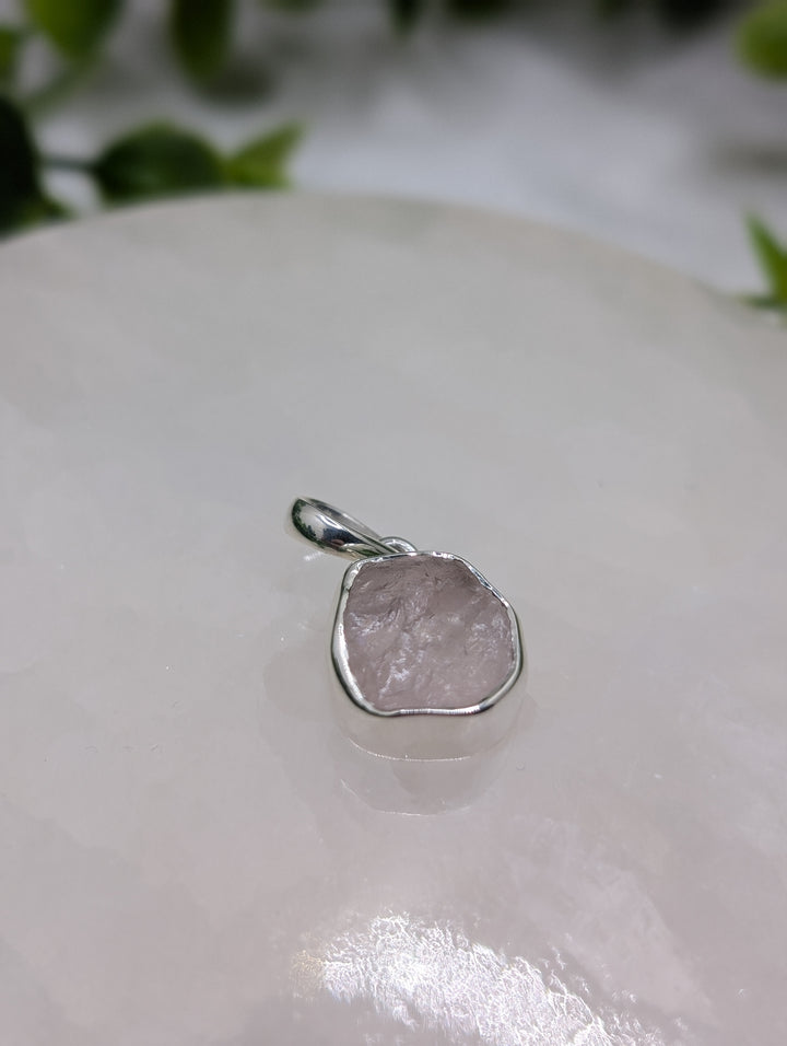 Rose Quartz Raw Enclosed Sterling Silver Pendant