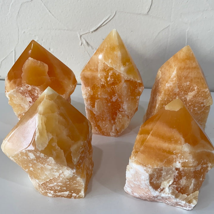 Orange Calcite Top Polished, Rough Cut Points