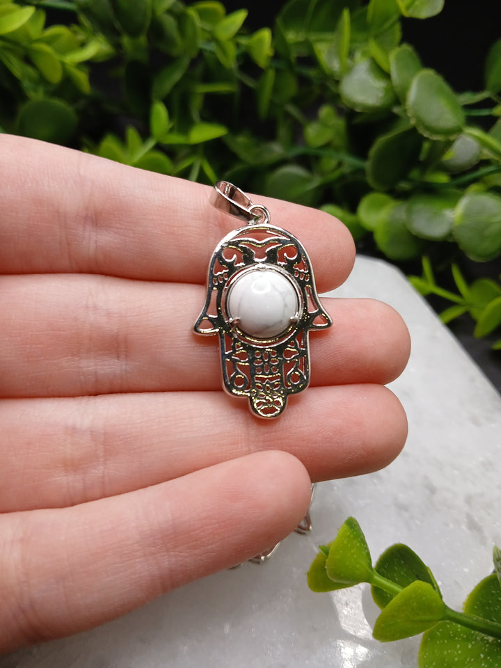 Hamsa Hand Silver Plated Pendant - Howlite