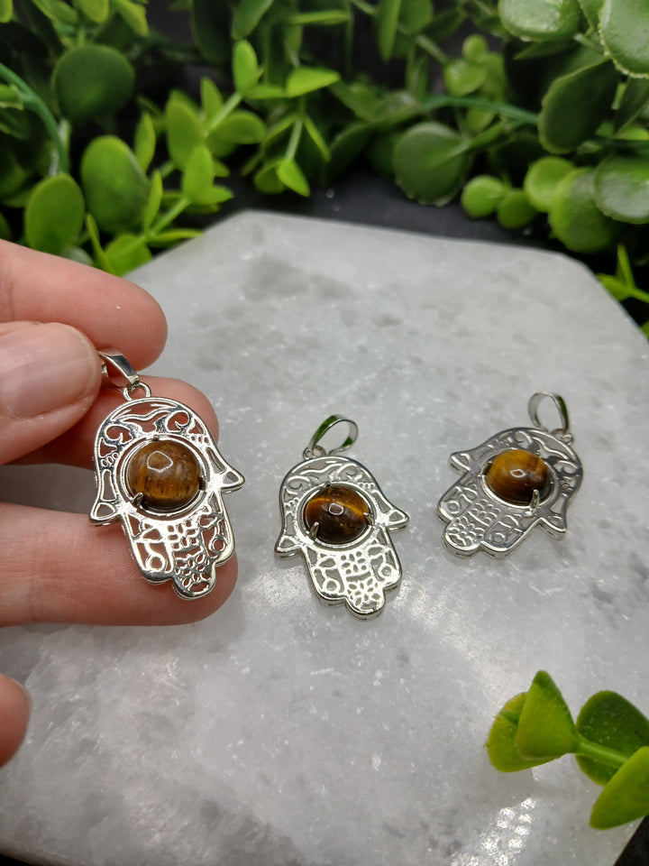 Hamsa Hand Silver Plated Pendant - Tiger Eye