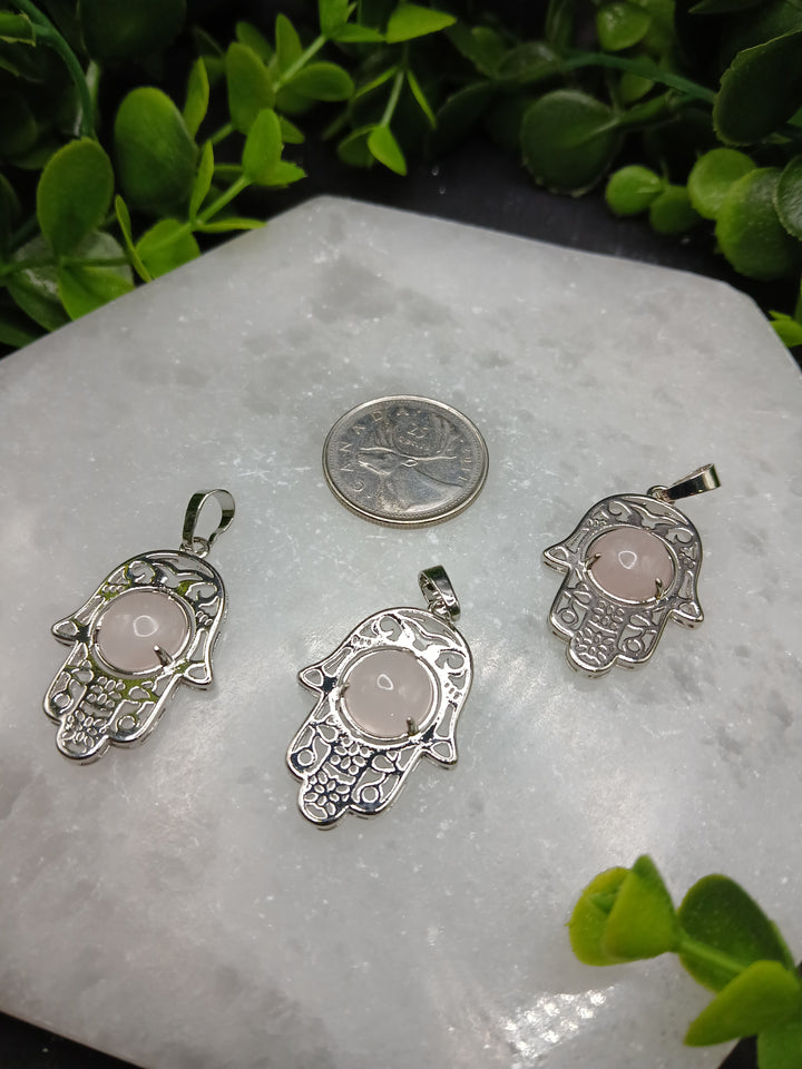 Hamsa Hand Silver Plated Pendant - Rose Quartz