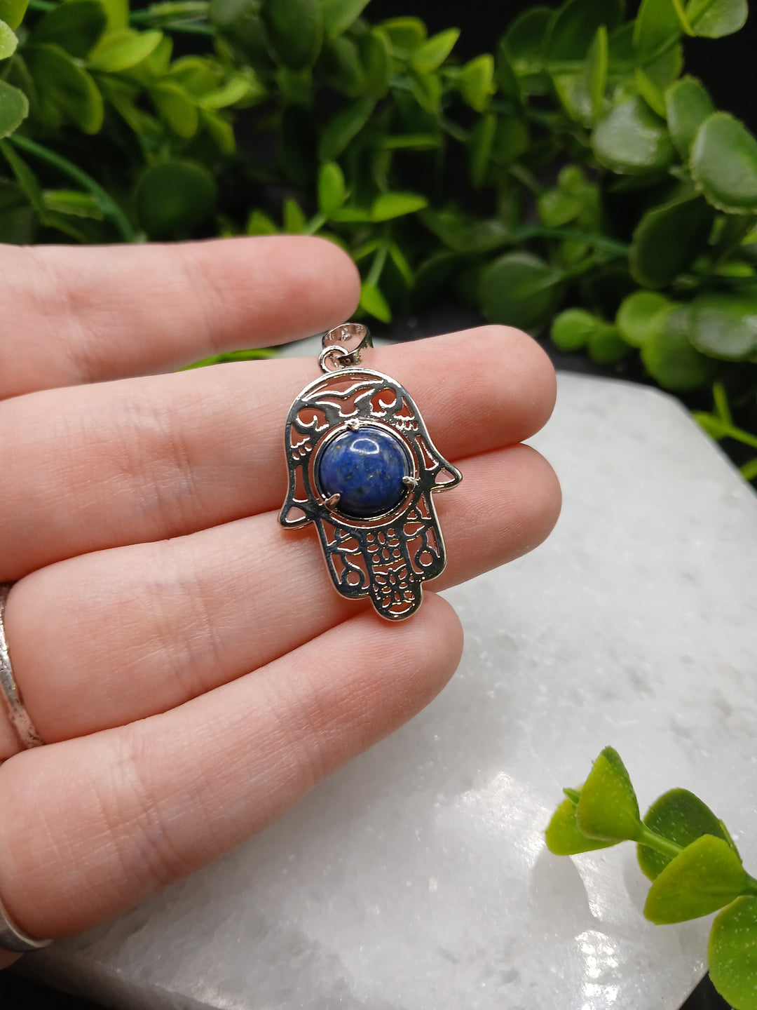 Hamsa Hand Silver Plated Pendant - Lapis Lazuli