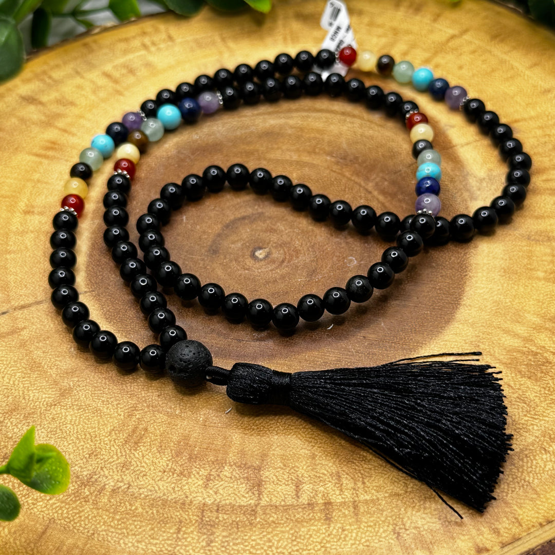 Black Obsidian 7 Chakra Mala Necklace