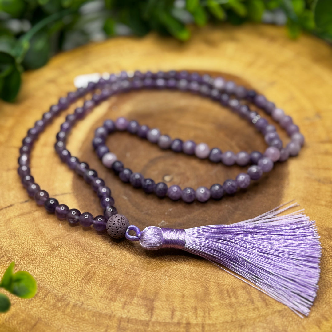 Amethyst & Lepidolite Mala Bead Necklace