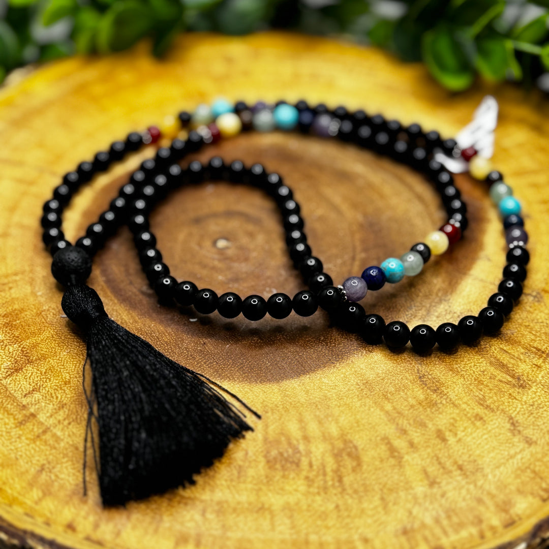 Black Obsidian 7 Chakra Mala Necklace