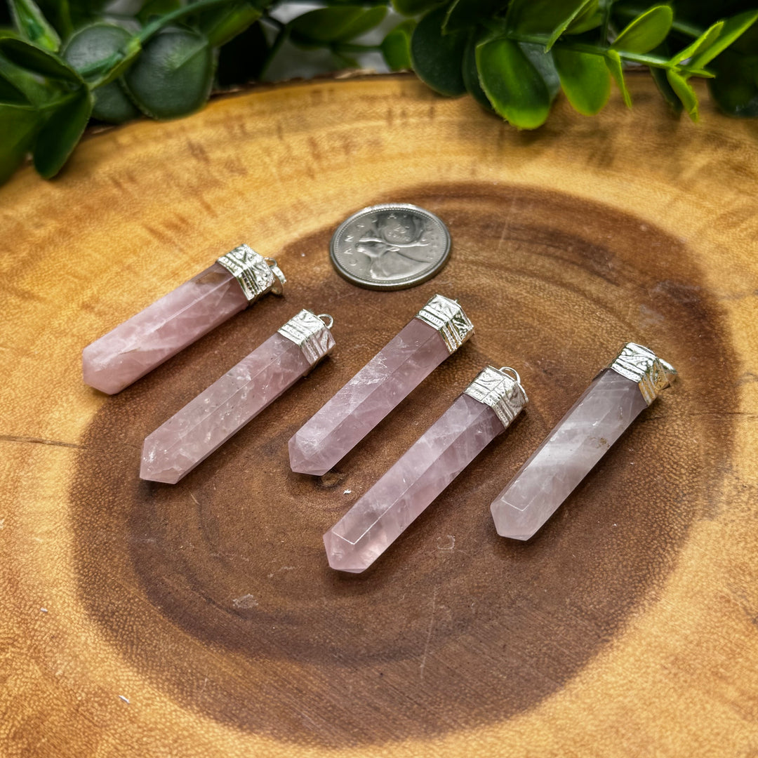 Capped Rose Quartz Pencil Pendant