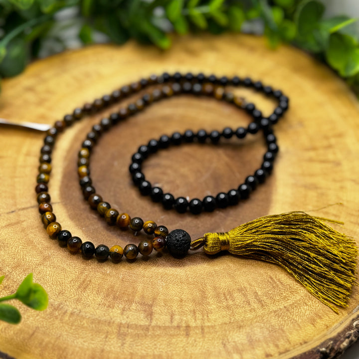 Tiger Eye & Black Obsidian Mala Bead Necklace