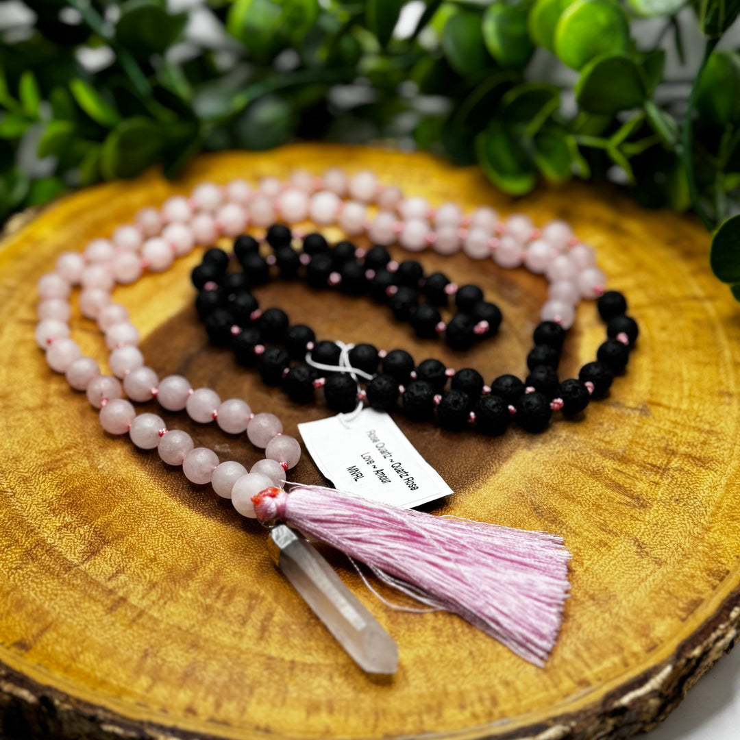 Rose Quartz & Lava Stone Mala Bead Necklace