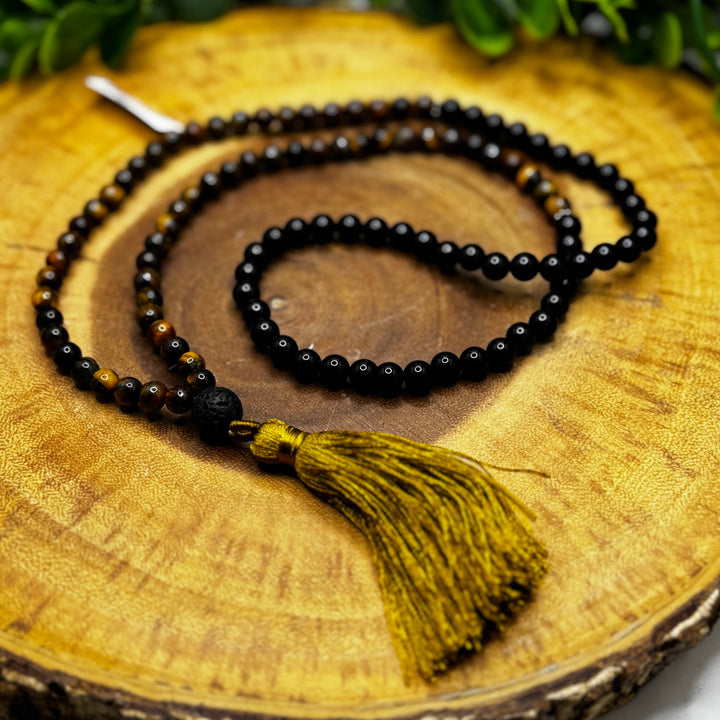 Tiger Eye & Black Obsidian Mala Bead Necklace