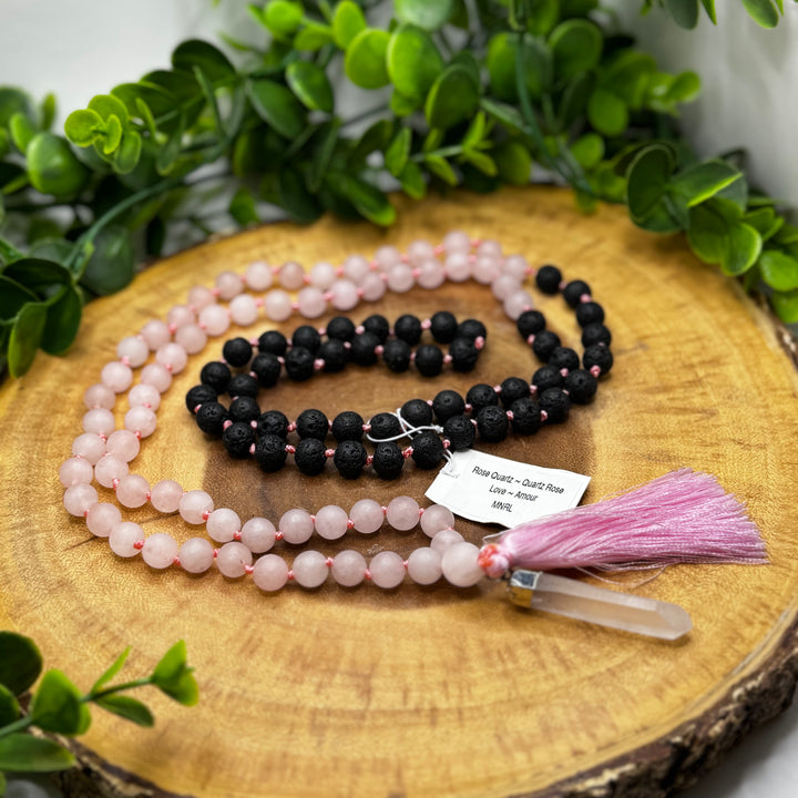 Rose Quartz & Lava Stone Mala Bead Necklace