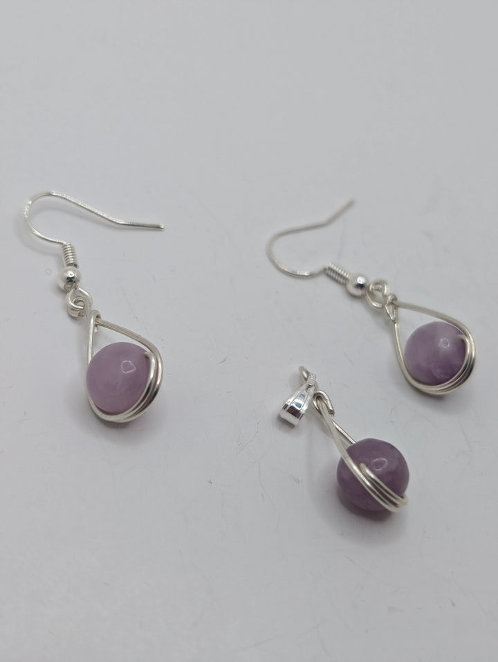 Lepidolite Teardrop Sterling Silver Pendant & Earrings Set