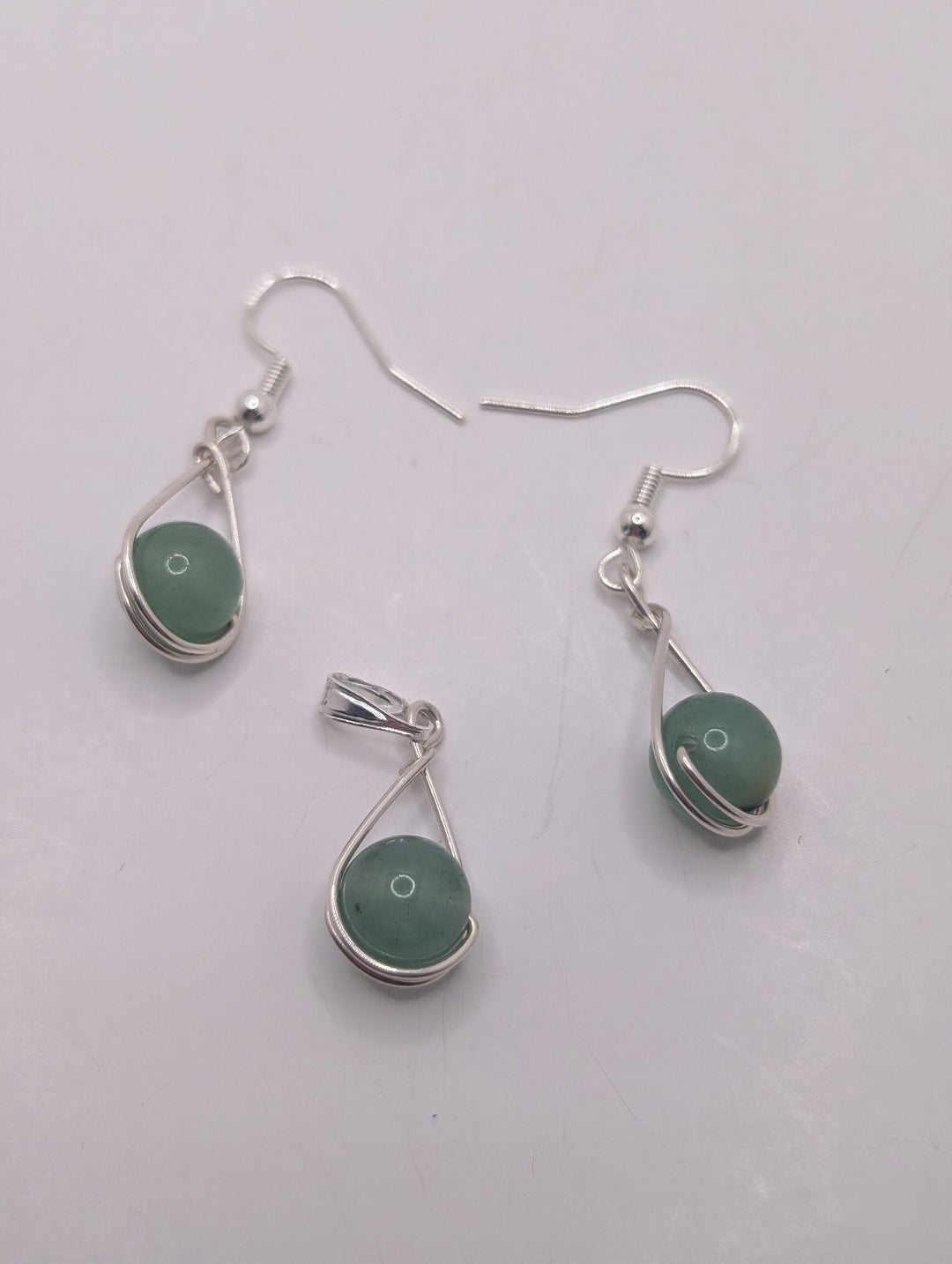 Green Aventurine Teardrop Sterling Silver Pendant & Earrings Set