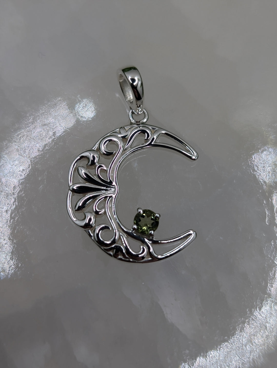 Moldavite Sterling Silver Crescent Moon Pendant