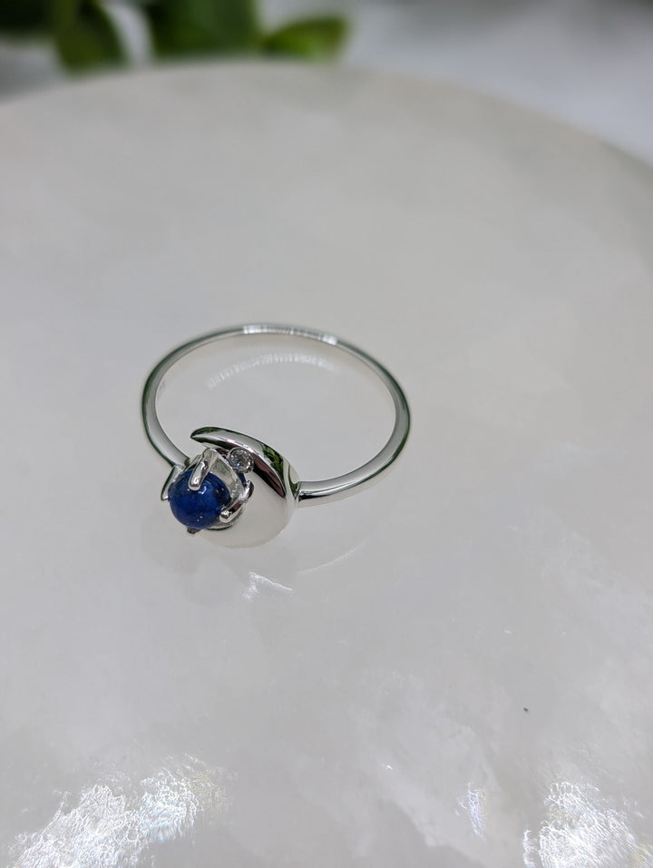 Lapis Lazuli With White Topaz Moon Sterling Silver Ring (Size 7)