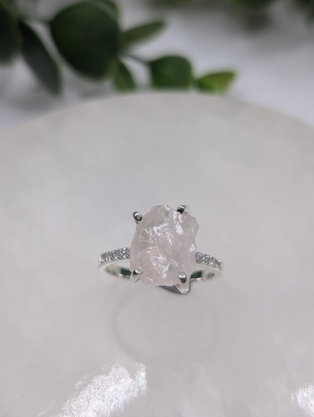 Sterling Silver Raw Rose Quartz With White Topaz Ring