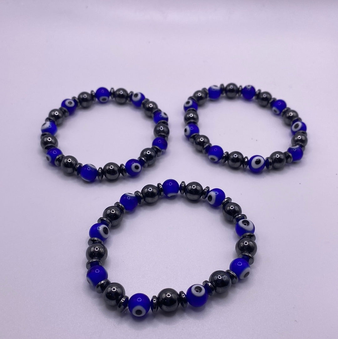 Hematite, Evil Eye Glass Bead 8mm Bracelet
