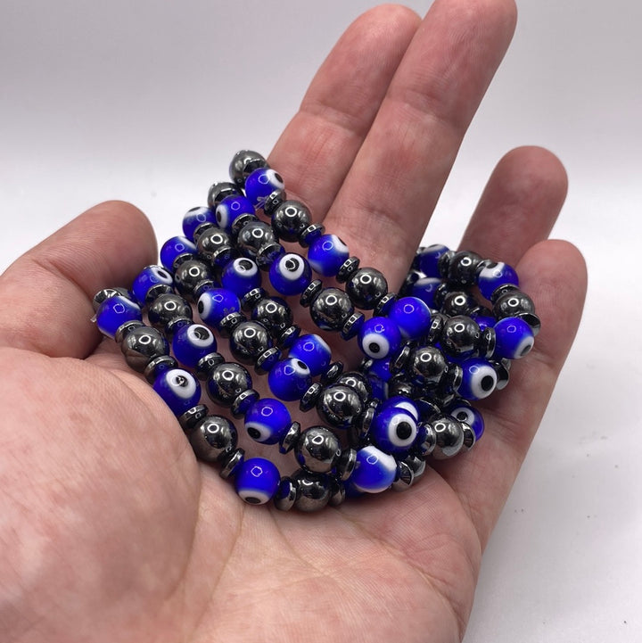 Hematite, Evil Eye Glass Bead 8mm Bracelet