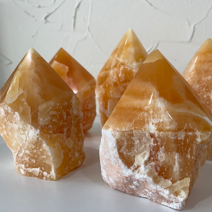 Orange Calcite Top Polished, Rough Cut Points