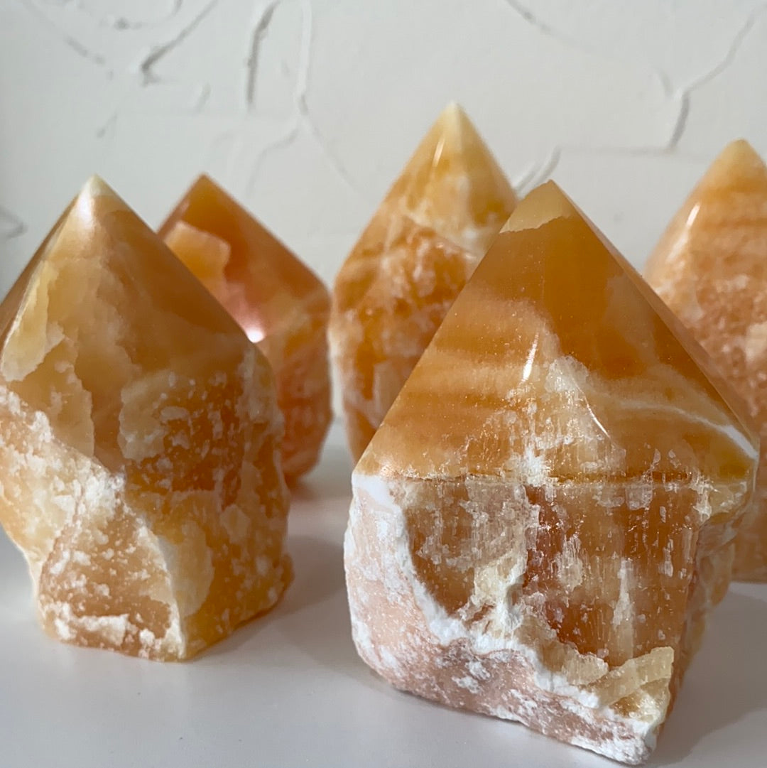 Orange Calcite Top Polished, Rough Cut Points